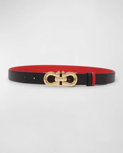 Ferragamo Double Gancio Reversible Leather Belt In Nero/ Flame Red