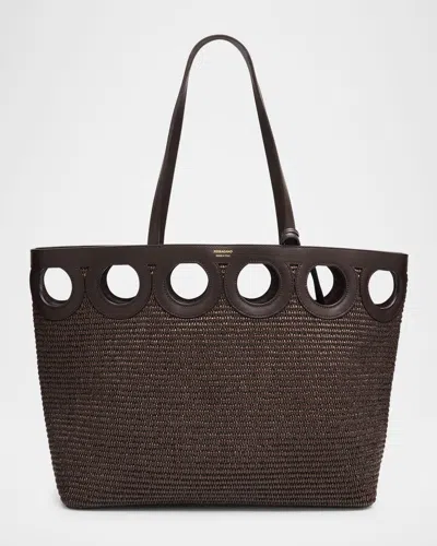 Ferragamo Gancio Cutout Raffia Tote Bag In Brown