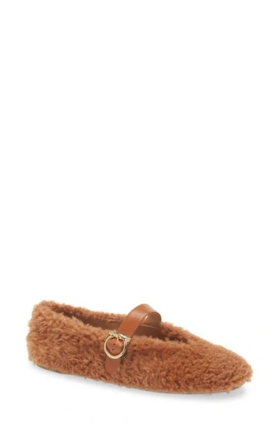 Ferragamo Gancio Genuine Shearling Ballet Flat In Brown