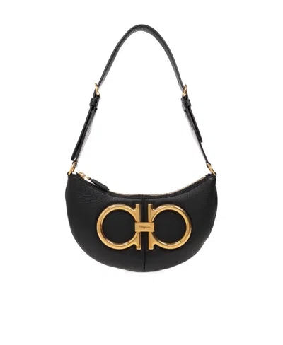 Ferragamo Leather Maxi Gancio Shoulder Bag With Golden Metal Details In Black