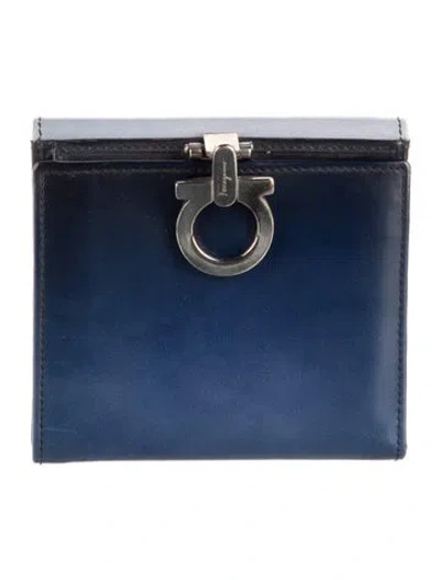 Pre-owned Ferragamo Gancio Logo Leather Compact Wallet In Blue