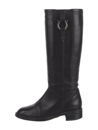 Pre-owned Ferragamo Gancio Logo Leather Riding Boots In Black