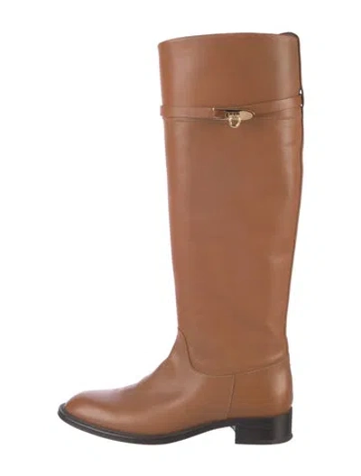 Pre-owned Ferragamo Gancio Logo Leather Riding Boots In Brown