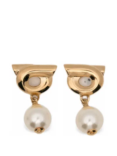 Ferragamo Gold Gancini Gold Colored Pendant Earrings With Synthetic Pearls In Brass Woman