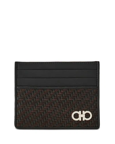 Ferragamo Gancio Woven Leather Card Case In Brown