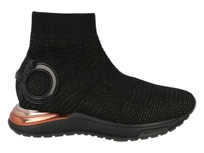 Pre-owned Ferragamo Gardena Ankle Sock Sneakers Gold (women's) In Black