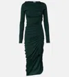 Ferragamo Ruched Long Sleeve Asymmetric Jersey Dress In Green