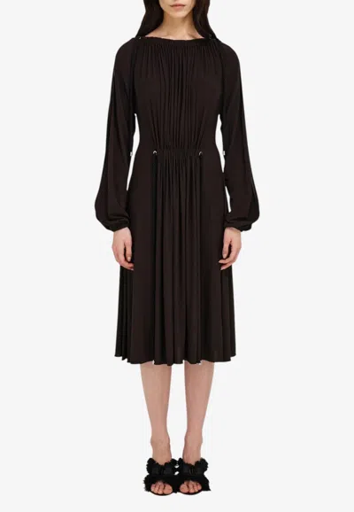 Ferragamo Gathered Midi Dress With Slit Sleeves In Dark Brown