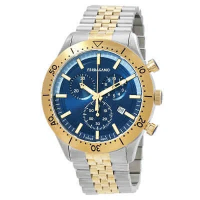 Pre-owned Ferragamo Gent Chrono Quartz Blue Dial Two-tone Watch Sfu400523