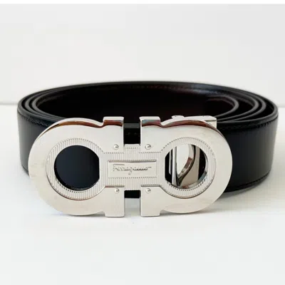 Pre-owned Ferragamo Genuine Men's 42 40 38 36 Black Brown Reversible Belt Gancini Buckle