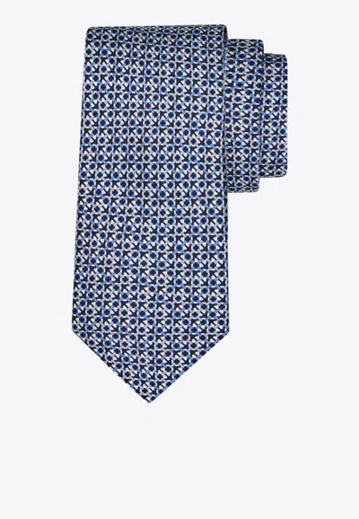 Ferragamo Gancini Silk Tie Geometric Pattern In Blue
