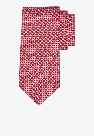 Ferragamo Geometric Grid Gancini Silk Tie In Red