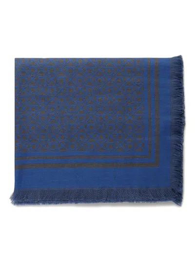 Ferragamo Geometric-pattern Fringed Scarf In Blue