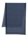 Ferragamo Wool Scarf With Fringed Edges And Geometric Pattern In Blue