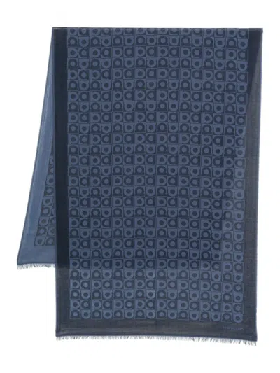 Ferragamo Wool Scarf With Fringed Edges And Geometric Pattern In Blue