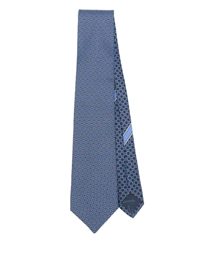 Ferragamo Silk Tie With Gancini And Hearts Print In Blue