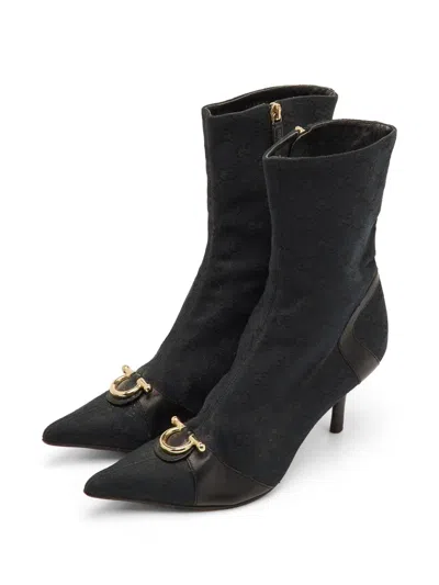 Pre-owned Ferragamo Gg Canvas Pointed Toe Ankle Boots In Black