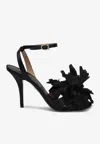 Ferragamo Black Satin Flower Sandals In Black