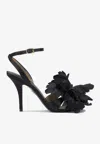 Ferragamo Black Satin Flower Sandals In Black