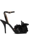 Ferragamo Ghilly 95 T Leather Fabric Flower High Heel Sandal In Black