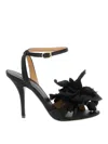 Ferragamo Black Satin Flower Sandals In Black
