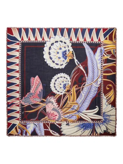 Ferragamo Giada Print Wool Shawl In Blue