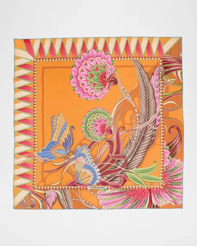 Ferragamo Giadafly Arancio Print Silk Foulard Scarf In Orange