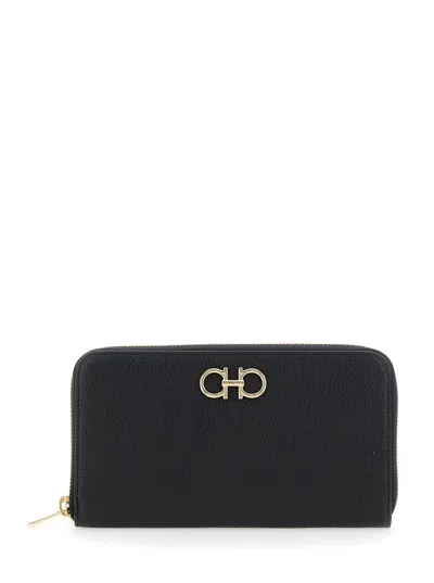 Ferragamo 'giove' Black Wallet With Gancini On The Front In Leather Woman
