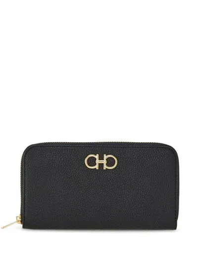 Ferragamo 'giove' Black Wallet With Gancini On The Front In Leather Woman