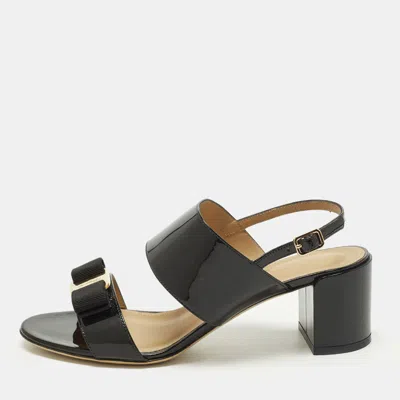 Pre-owned Ferragamo Giulia Size 38 Black Patent Leather Slingback Sandals