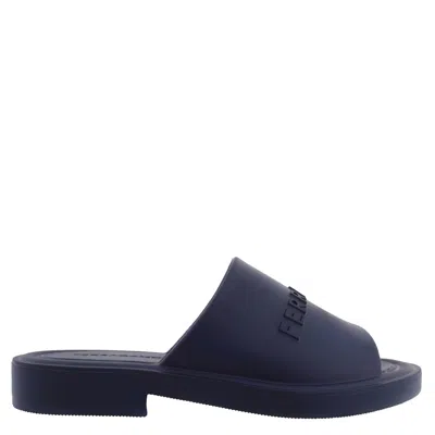 Ferragamo Giuneva Logo Embossed Slides, Size 9 In Blue