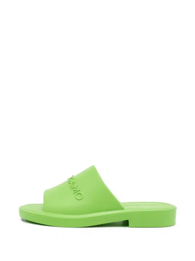 Pre-owned Ferragamo Giuneva Logo-embossed Slide Sandals In Green