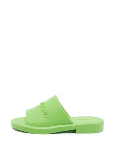 Pre-owned Ferragamo Giuneva Logo-embossed Slides In Green