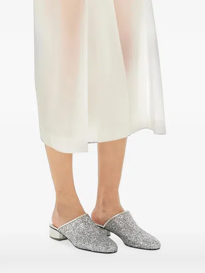 Ferragamo Glitter-effect Block-heel Mules In Silver