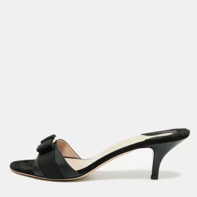 Pre-owned Ferragamo Glory Size 41 Black Lizard Embossed Leather Vara Bow Slide Sandals