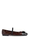 Ferragamo Glossy Patent Flats With Leopard Print And Decorative Bow In Black