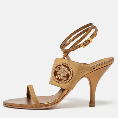 Ferragamo Gold Canvas And Leather Ankle Strap Sandals