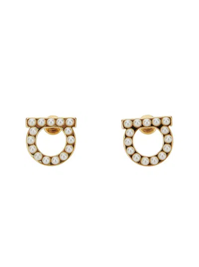 Ferragamo Gold-colored Gancini Earrings With Pearls In Brass Woman