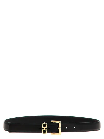 Ferragamo Gold Double Gancini Belt In Black