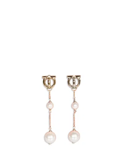 Ferragamo Gold Drop Earrings With Pearls In Grey