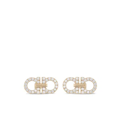 Ferragamo Double Hook Earrings With Crystal Accents In Gold
