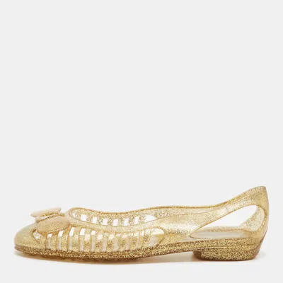 Pre-owned Ferragamo Gold Glitter Jelly Bow Ballet Flats Size 37.5