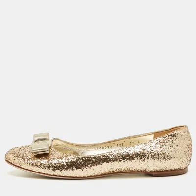 Pre-owned Ferragamo Gold Glitter Varina Bow Ballet Flats Size 40