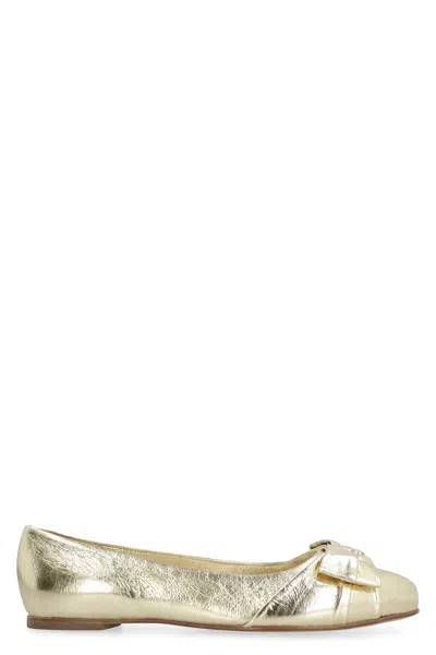 Ferragamo Gold Metallic Leather Ballet Flats With Vara Bow And Round Toe For Women