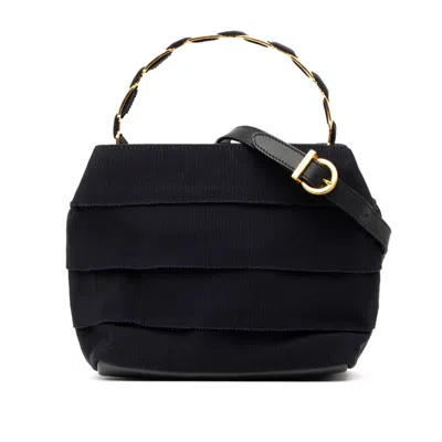 Pre-owned Ferragamo Gold Navy Nylon Leather Handbag Shoulder Bag () In Multi