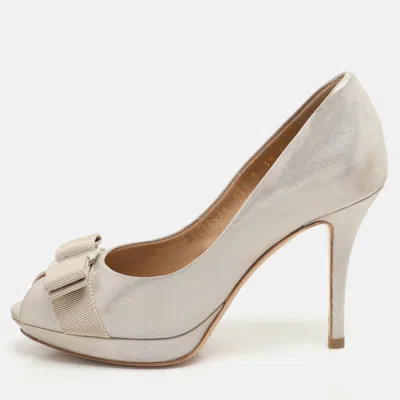 Pre-owned Ferragamo Gold Nubuck Leather Talia Peep Toe Pumps Size 36