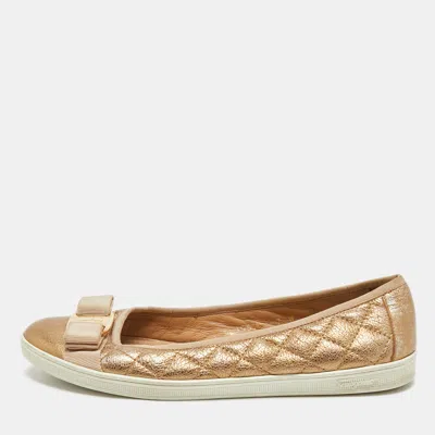 Ferragamo Gold Quilted Leather Varina Ballet Flats