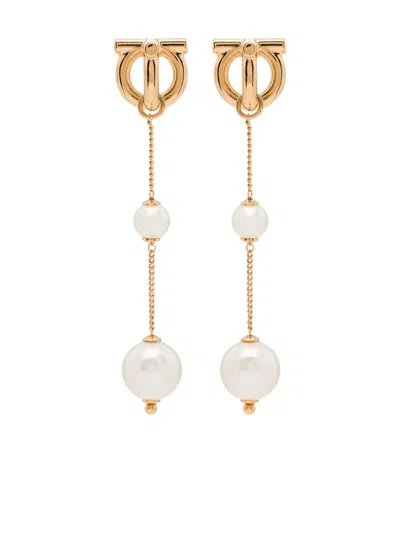 Ferragamo Double Pearl Gancini Pendant Earrings In Grey