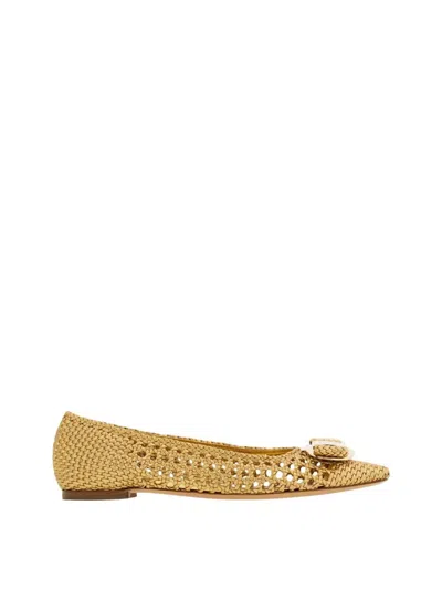 Ferragamo Ballet Flat With New Vara Plate In Gold