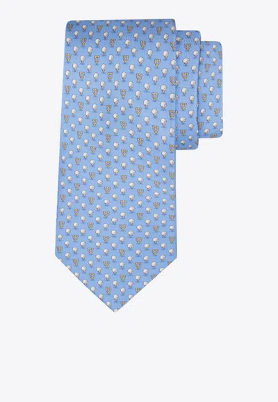 Ferragamo Golf And Gancini Print Silk Tie In Blue